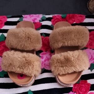 Plush Tan Faux Fur Double Strap Slippers